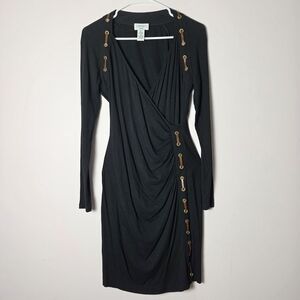 Carmen Marc Valvo Black Faux Leather Trim Wrap Dress Medium Gold Grommet
